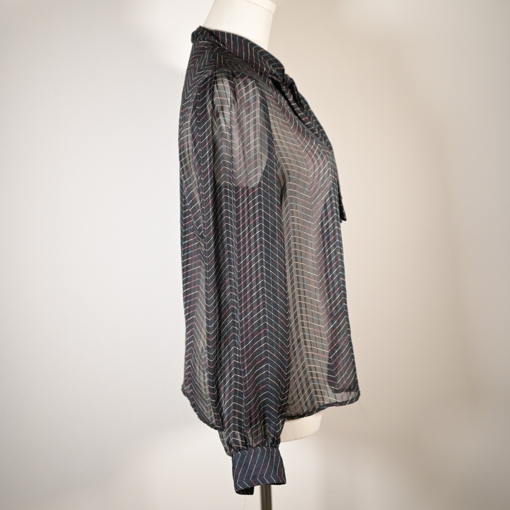 Vintage Womens S Sheer Black Chevron Stripe Tie Neck Neck Bow Blouse Luxury